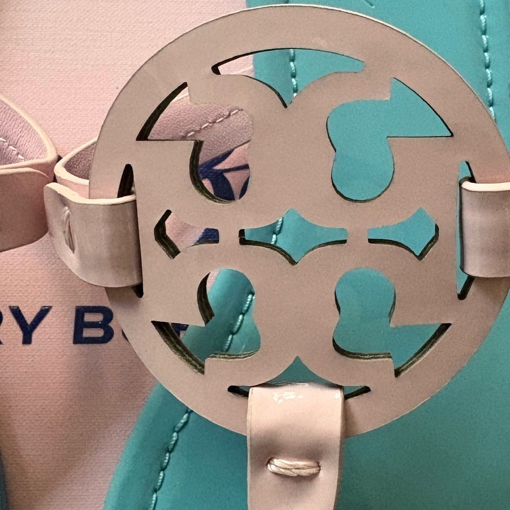 Tory Burch x BonBon Miller Patent Leather Pink and Blue Sandals Cotton Candy 10 - Picture 10 of 14